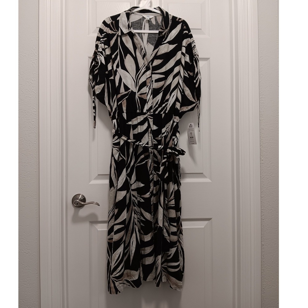Time and Tru Women XXXL Black White Tropical Leaf Linen Blend Midi Dress NEW